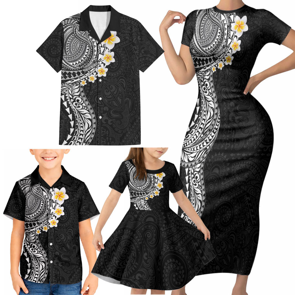 Hawaiian Tribal Tattoo and Plumeria Family Matching Short Sleeve Bodycon Dress and Hawaiian Shirt Polynesian Pattern Black Color