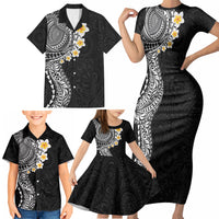 Hawaiian Tribal Tattoo and Plumeria Family Matching Short Sleeve Bodycon Dress and Hawaiian Shirt Polynesian Pattern Black Color