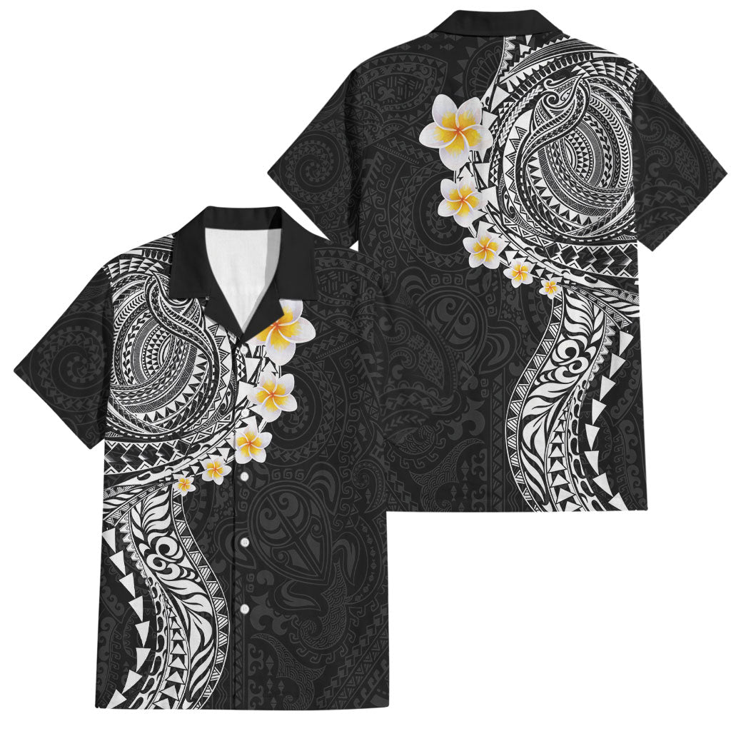 Hawaiian Tribal Tattoo and Plumeria Family Matching Short Sleeve Bodycon Dress and Hawaiian Shirt Polynesian Pattern Black Color