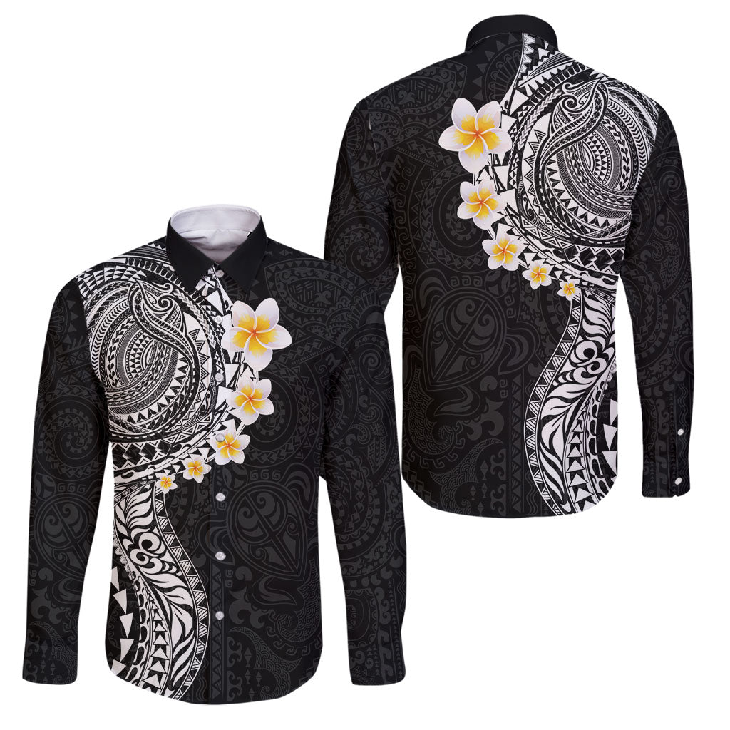 Hawaiian Tribal Tattoo and Plumeria Family Matching Short Sleeve Bodycon Dress and Hawaiian Shirt Polynesian Pattern Black Color