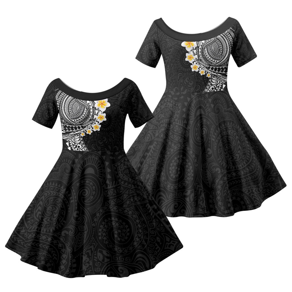 Hawaiian Tribal Tattoo and Plumeria Family Matching Short Sleeve Bodycon Dress and Hawaiian Shirt Polynesian Pattern Black Color