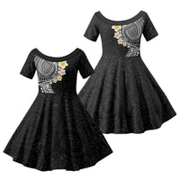 Hawaiian Tribal Tattoo and Plumeria Family Matching Short Sleeve Bodycon Dress and Hawaiian Shirt Polynesian Pattern Black Color