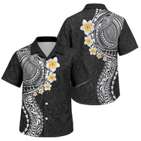 Hawaiian Tribal Tattoo and Plumeria Family Matching Short Sleeve Bodycon Dress and Hawaiian Shirt Polynesian Pattern Black Color