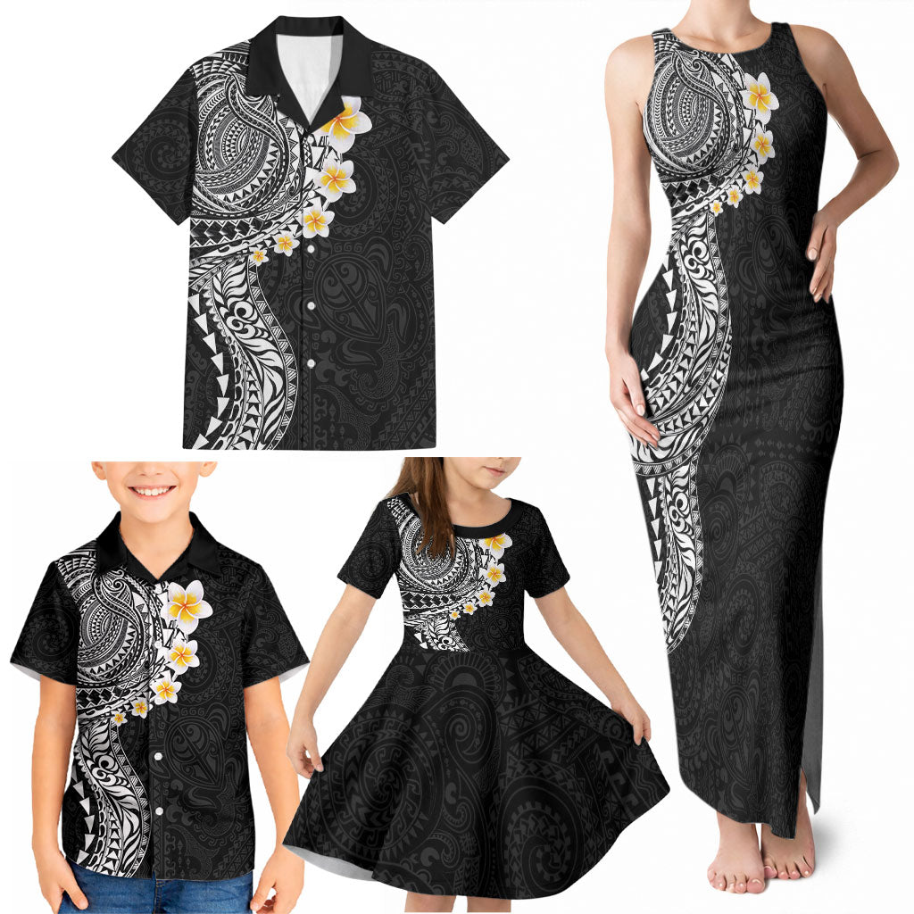 Hawaiian Tribal Tattoo and Plumeria Family Matching Tank Maxi Dress and Hawaiian Shirt Polynesian Pattern Black Color