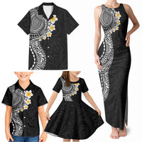 Hawaiian Tribal Tattoo and Plumeria Family Matching Tank Maxi Dress and Hawaiian Shirt Polynesian Pattern Black Color