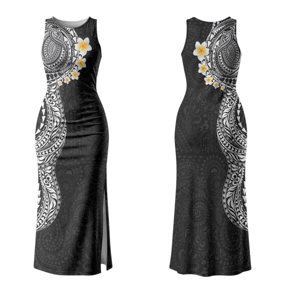 Hawaiian Tribal Tattoo and Plumeria Family Matching Tank Maxi Dress and Hawaiian Shirt Polynesian Pattern Black Color