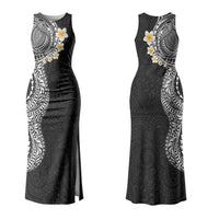 Hawaiian Tribal Tattoo and Plumeria Family Matching Tank Maxi Dress and Hawaiian Shirt Polynesian Pattern Black Color