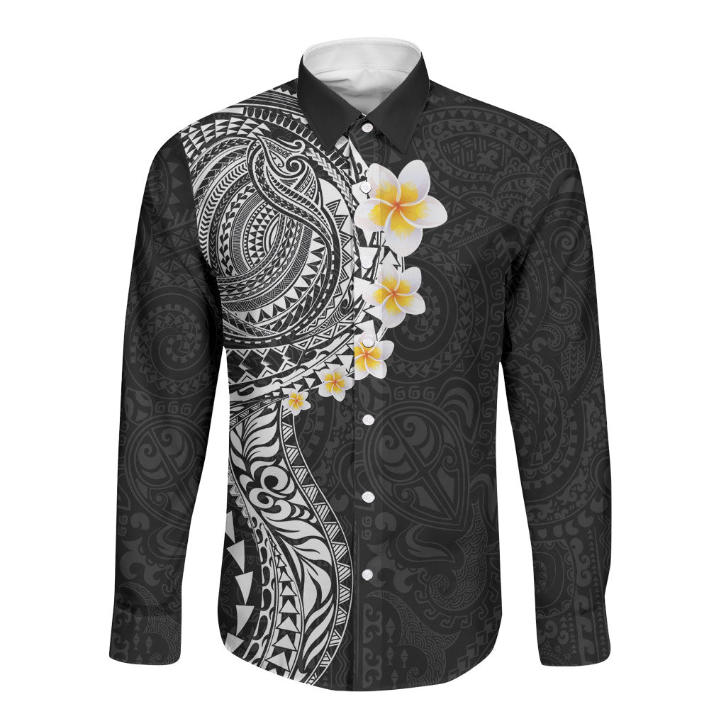 Hawaiian Tribal Tattoo and Plumeria Long Sleeve Button Shirt Polynesian Pattern Black Color