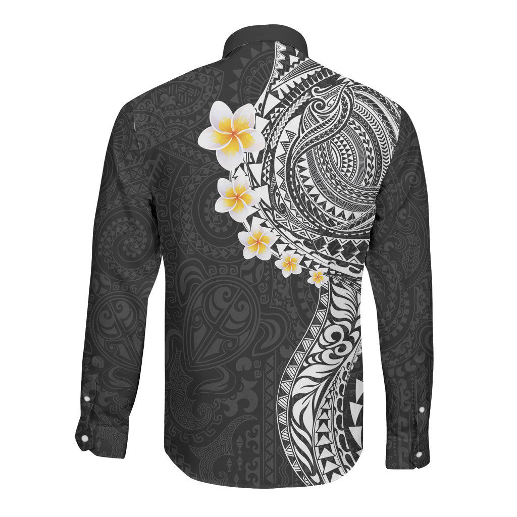 Hawaiian Tribal Tattoo and Plumeria Long Sleeve Button Shirt Polynesian Pattern Black Color