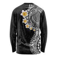 Hawaiian Tribal Tattoo and Plumeria Long Sleeve Shirt Polynesian Pattern Black Color