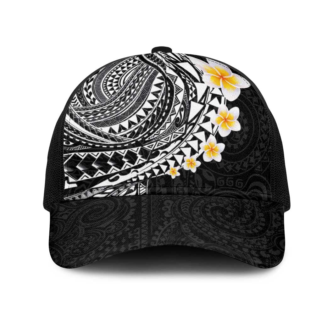 Hawaiian Tribal Tattoo and Plumeria Mesh Trucker Cap Polynesian Pattern Black Color