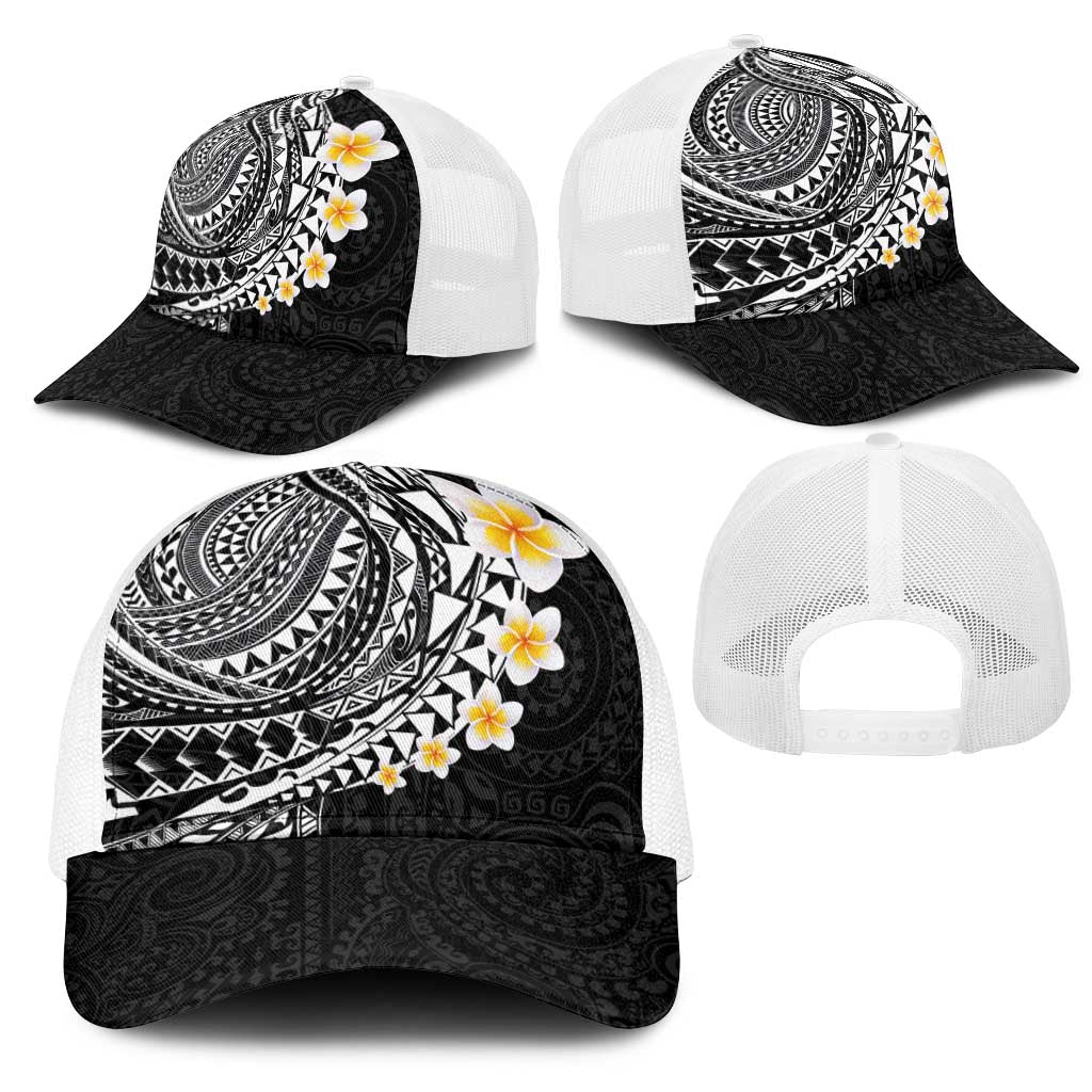 Hawaiian Tribal Tattoo and Plumeria Mesh Trucker Cap Polynesian Pattern Black Color