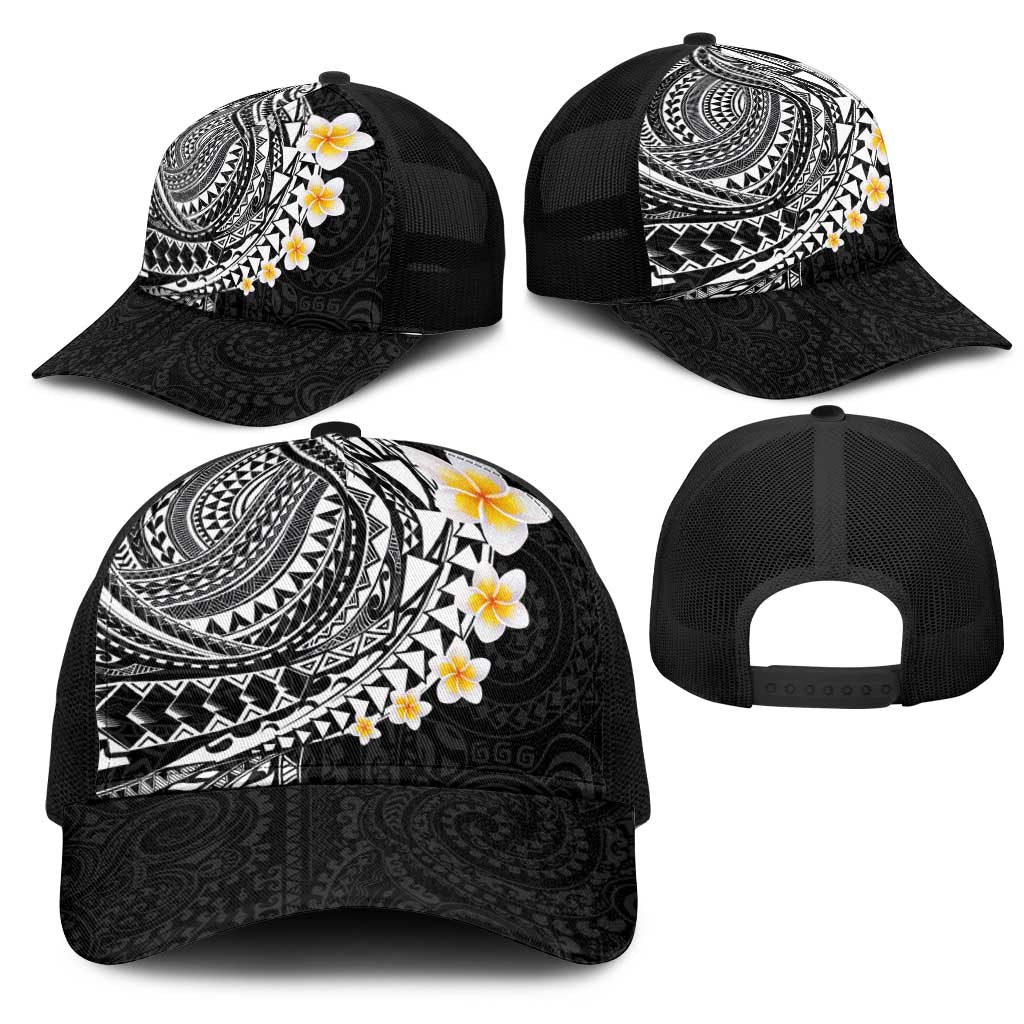 Hawaiian Tribal Tattoo and Plumeria Mesh Trucker Cap Polynesian Pattern Black Color