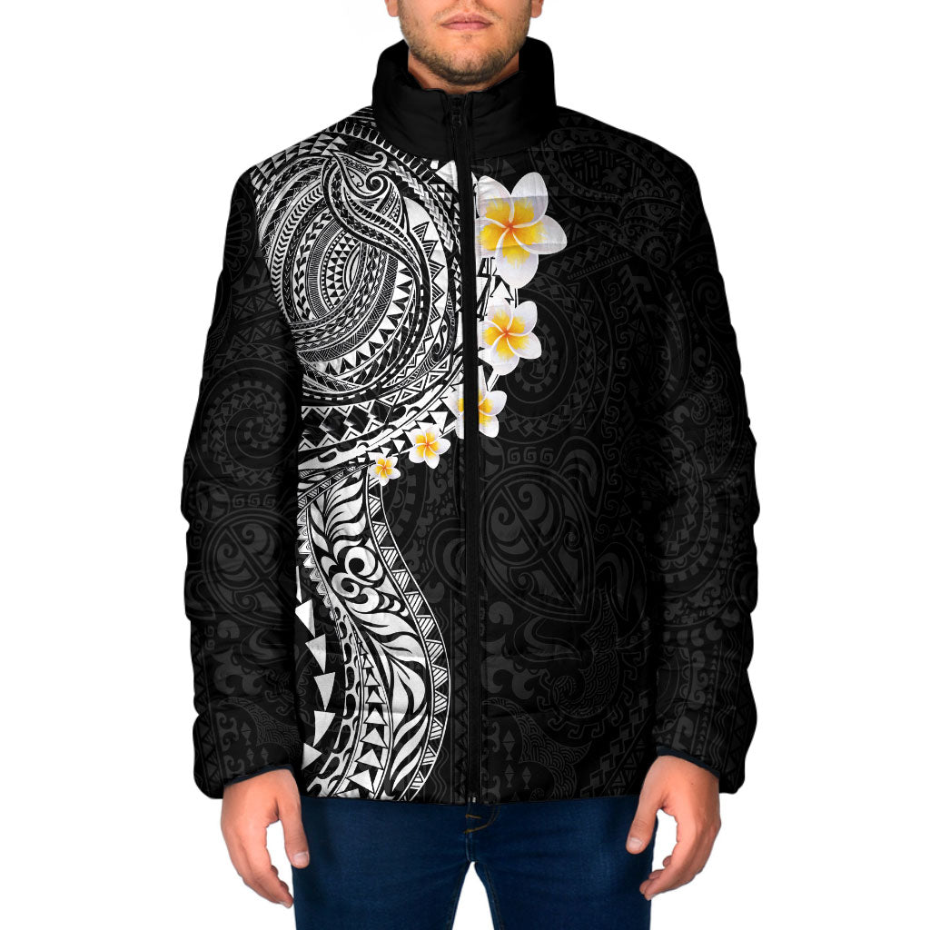 Hawaiian Tribal Tattoo and Plumeria Padded Jacket Polynesian Pattern Black Color