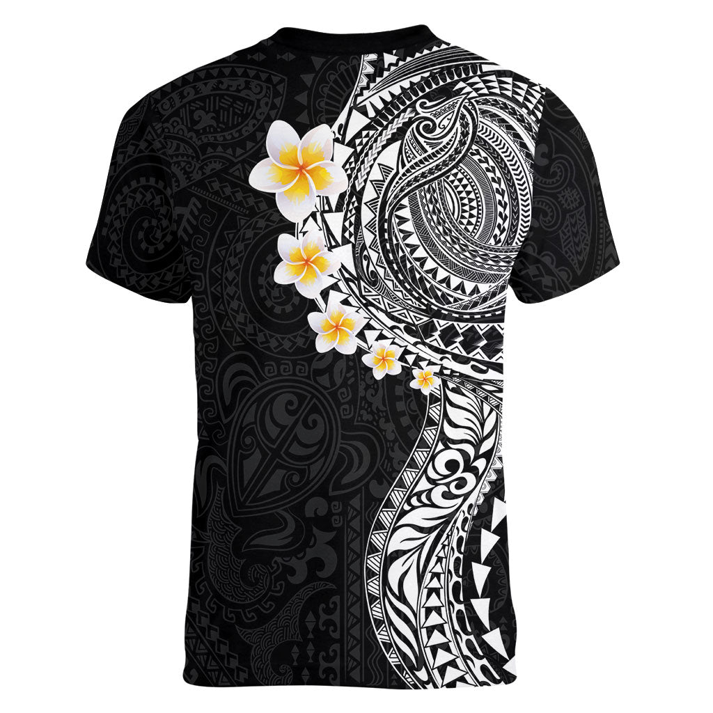 Hawaiian Tribal Tattoo and Plumeria Women V-Neck T-Shirt Polynesian Pattern Black Color