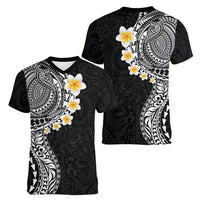 Hawaiian Tribal Tattoo and Plumeria Women V-Neck T-Shirt Polynesian Pattern Black Color