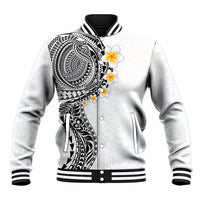 Hawaiian Tribal Tattoo and Plumeria Baseball Jacket Polynesian Pattern White Color