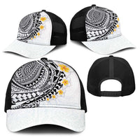 Hawaiian Tribal Tattoo and Plumeria Baseball Net Cap Polynesian Pattern White Color