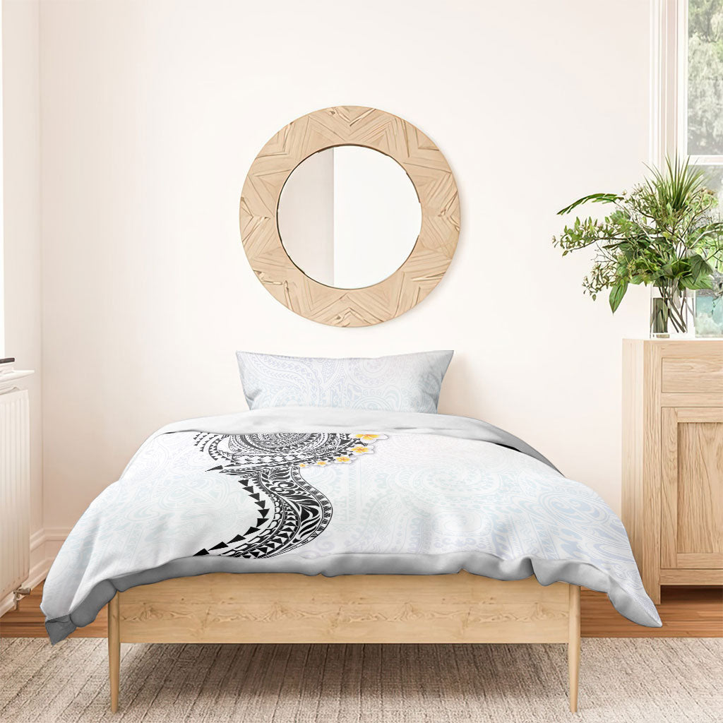 Hawaiian Tribal Tattoo and Plumeria Bedding Set Polynesian Pattern White Color