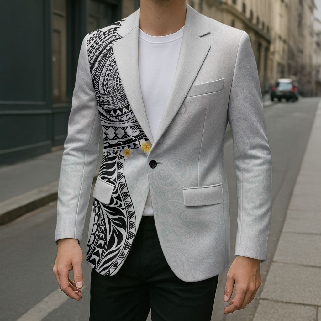 Hawaiian Tribal Tattoo and Plumeria Blazer Polynesian Pattern White Color