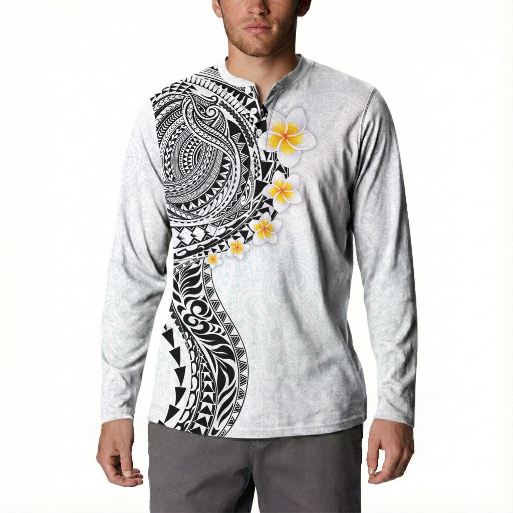 Hawaiian Tribal Tattoo and Plumeria Button Sweatshirt Polynesian Pattern White Color