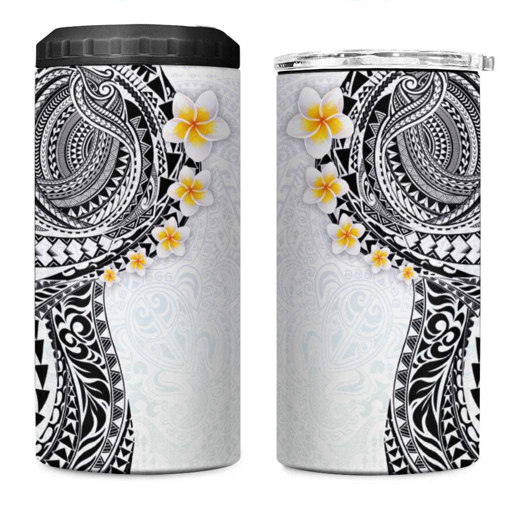 Hawaiian Tribal Tattoo and Plumeria 4 in 1 Can Cooler Tumbler Polynesian Pattern White Color