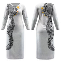 Hawaiian Tribal Tattoo and Plumeria Couples Matching Long Sleeve Bodycon Dress and Long Sleeve Button Shirt Polynesian Pattern White Color