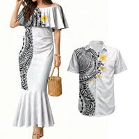 Hawaiian Tribal Tattoo and Plumeria Couples Matching Mermaid Dress and Hawaiian Shirt Polynesian Pattern White Color