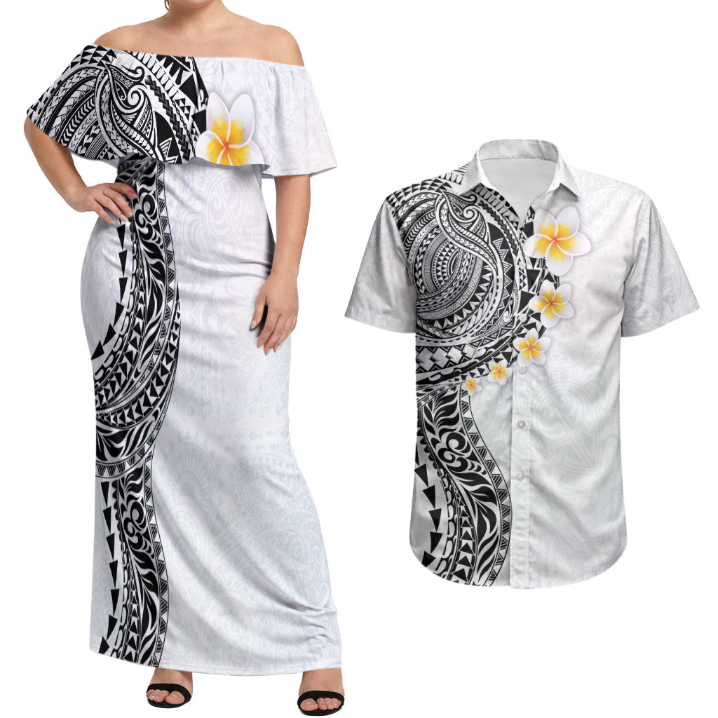 Hawaiian Tribal Tattoo and Plumeria Couples Matching Off Shoulder Maxi Dress and Hawaiian Shirt Polynesian Pattern White Color