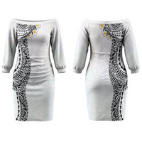 Hawaiian Tribal Tattoo and Plumeria Couples Matching Off The Shoulder Long Sleeve Dress and Hawaiian Shirt Polynesian Pattern White Color