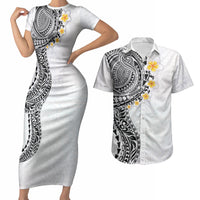 Hawaiian Tribal Tattoo and Plumeria Couples Matching Short Sleeve Bodycon Dress and Hawaiian Shirt Polynesian Pattern White Color