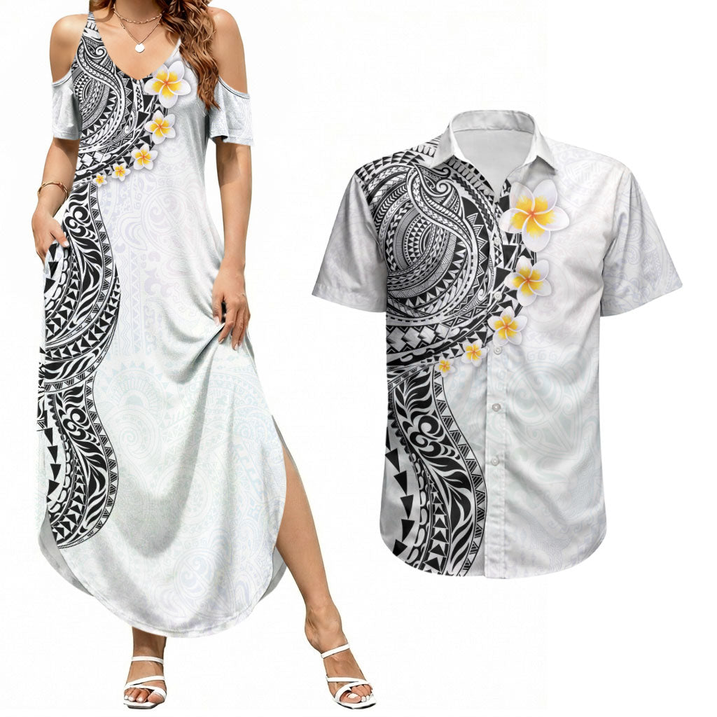 Hawaiian Tribal Tattoo and Plumeria Couples Matching Summer Maxi Dress and Hawaiian Shirt Polynesian Pattern White Color