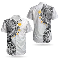 Hawaiian Tribal Tattoo and Plumeria Couples Matching Summer Maxi Dress and Hawaiian Shirt Polynesian Pattern White Color