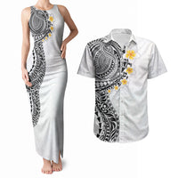 Hawaiian Tribal Tattoo and Plumeria Couples Matching Tank Maxi Dress and Hawaiian Shirt Polynesian Pattern White Color