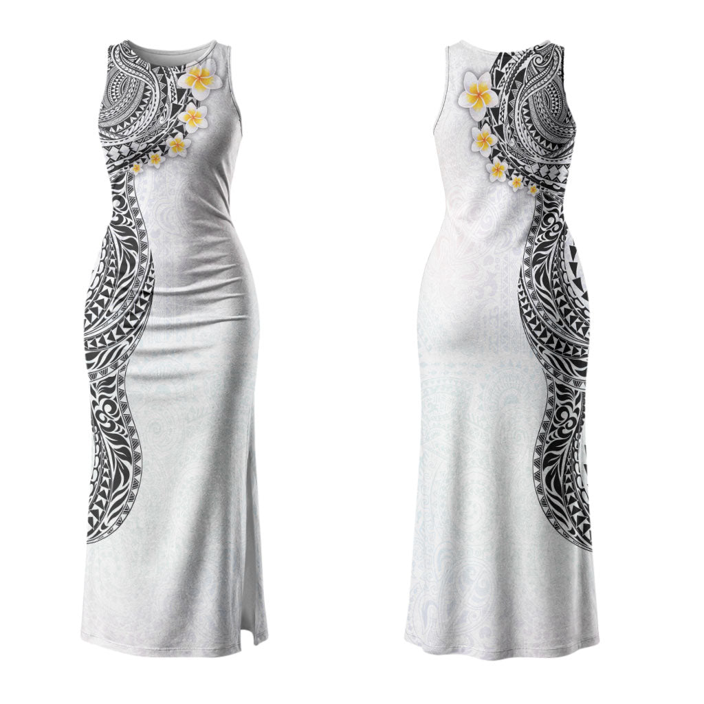Hawaiian Tribal Tattoo and Plumeria Couples Matching Tank Maxi Dress and Hawaiian Shirt Polynesian Pattern White Color