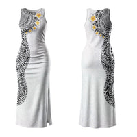 Hawaiian Tribal Tattoo and Plumeria Couples Matching Tank Maxi Dress and Hawaiian Shirt Polynesian Pattern White Color