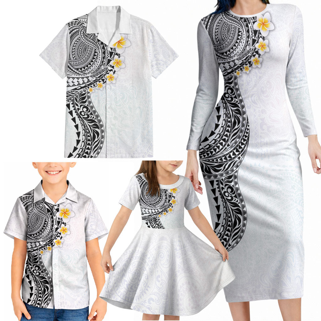 Hawaiian Tribal Tattoo and Plumeria Family Matching Long Sleeve Bodycon Dress and Hawaiian Shirt Polynesian Pattern White Color