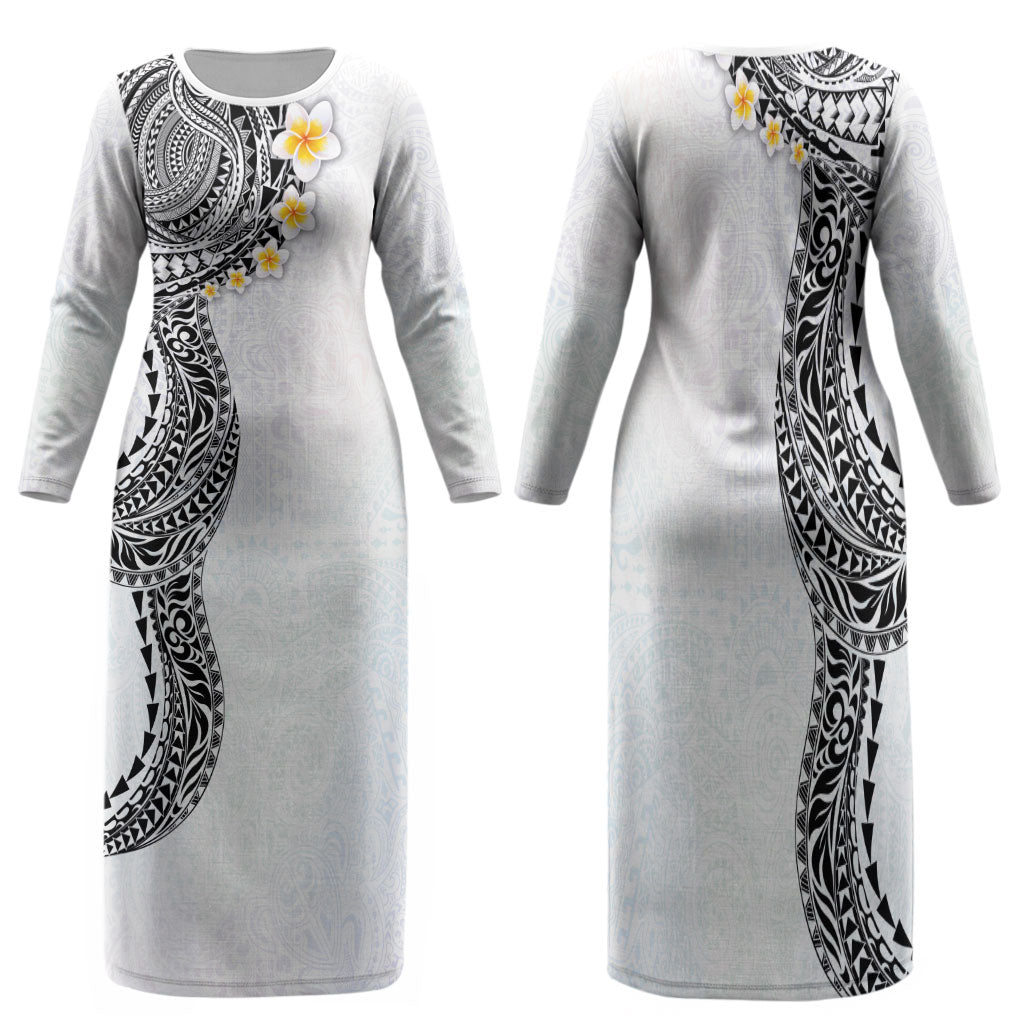 Hawaiian Tribal Tattoo and Plumeria Family Matching Long Sleeve Bodycon Dress and Hawaiian Shirt Polynesian Pattern White Color