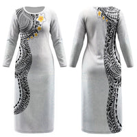 Hawaiian Tribal Tattoo and Plumeria Family Matching Long Sleeve Bodycon Dress and Hawaiian Shirt Polynesian Pattern White Color