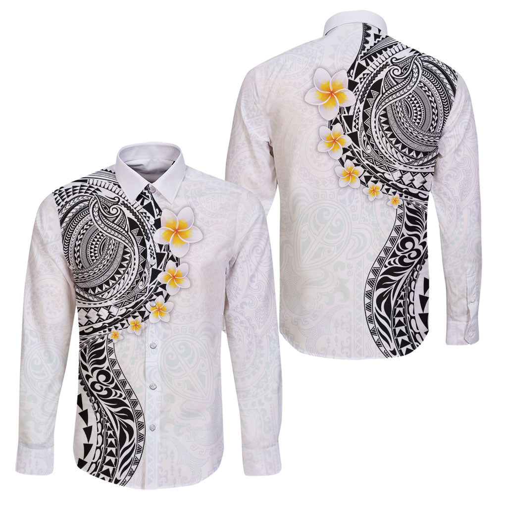 Hawaiian Tribal Tattoo and Plumeria Family Matching Long Sleeve Bodycon Dress and Hawaiian Shirt Polynesian Pattern White Color