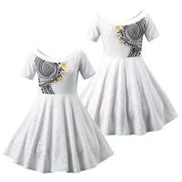 Hawaiian Tribal Tattoo and Plumeria Family Matching Long Sleeve Bodycon Dress and Hawaiian Shirt Polynesian Pattern White Color