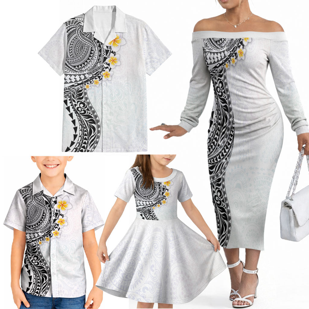 Hawaiian Tribal Tattoo and Plumeria Family Matching Off The Shoulder Long Sleeve Dress and Hawaiian Shirt Polynesian Pattern White Color