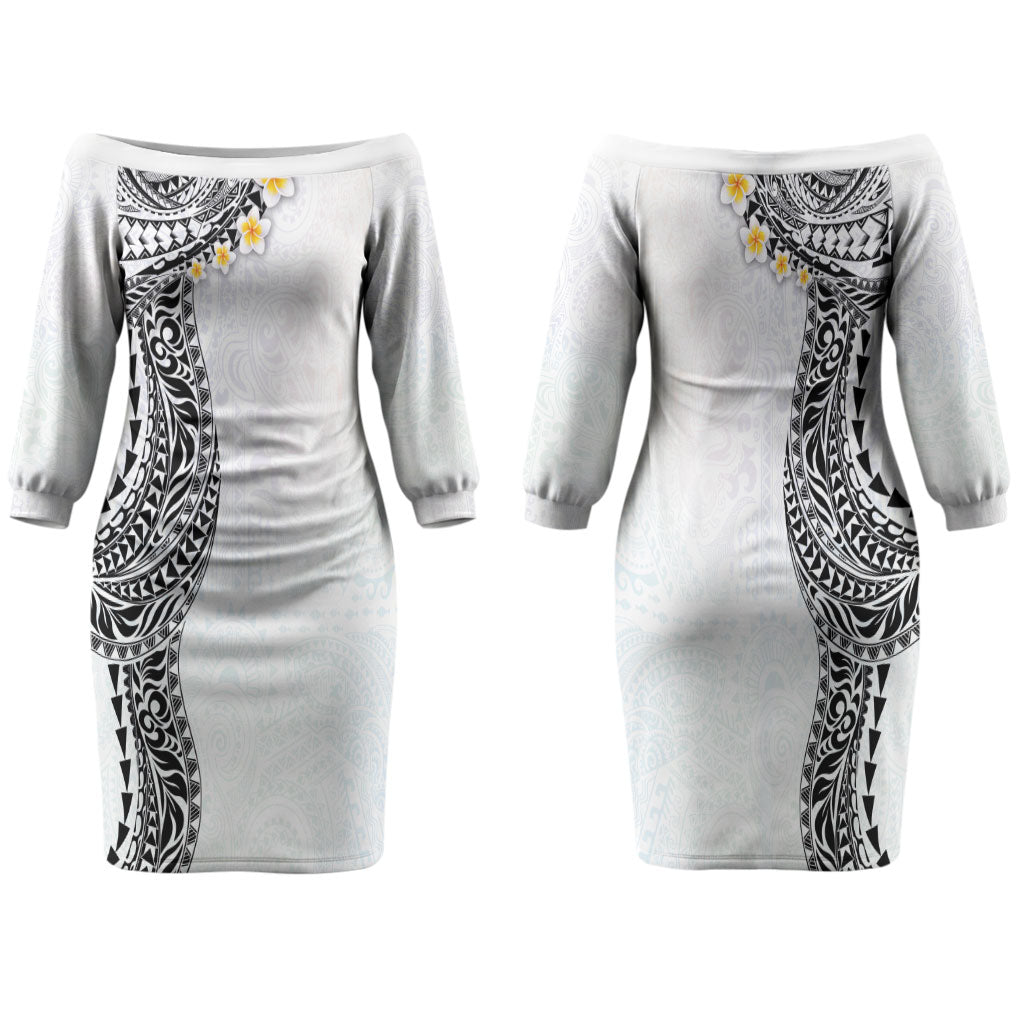 Hawaiian Tribal Tattoo and Plumeria Family Matching Off The Shoulder Long Sleeve Dress and Hawaiian Shirt Polynesian Pattern White Color