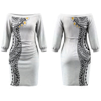 Hawaiian Tribal Tattoo and Plumeria Family Matching Off The Shoulder Long Sleeve Dress and Hawaiian Shirt Polynesian Pattern White Color