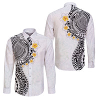 Hawaiian Tribal Tattoo and Plumeria Family Matching Off The Shoulder Long Sleeve Dress and Hawaiian Shirt Polynesian Pattern White Color