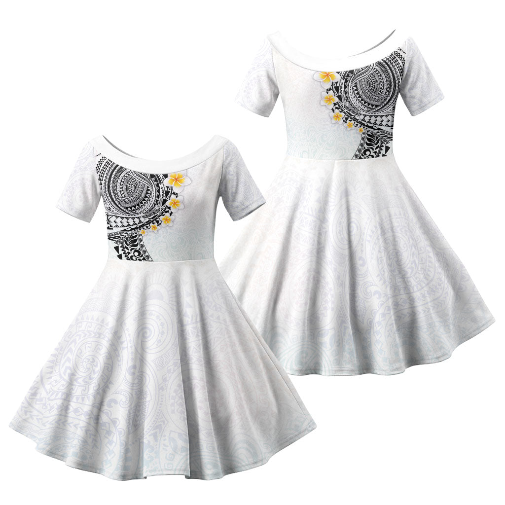 Hawaiian Tribal Tattoo and Plumeria Family Matching Off The Shoulder Long Sleeve Dress and Hawaiian Shirt Polynesian Pattern White Color