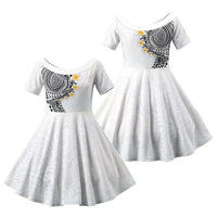 Hawaiian Tribal Tattoo and Plumeria Family Matching Off The Shoulder Long Sleeve Dress and Hawaiian Shirt Polynesian Pattern White Color