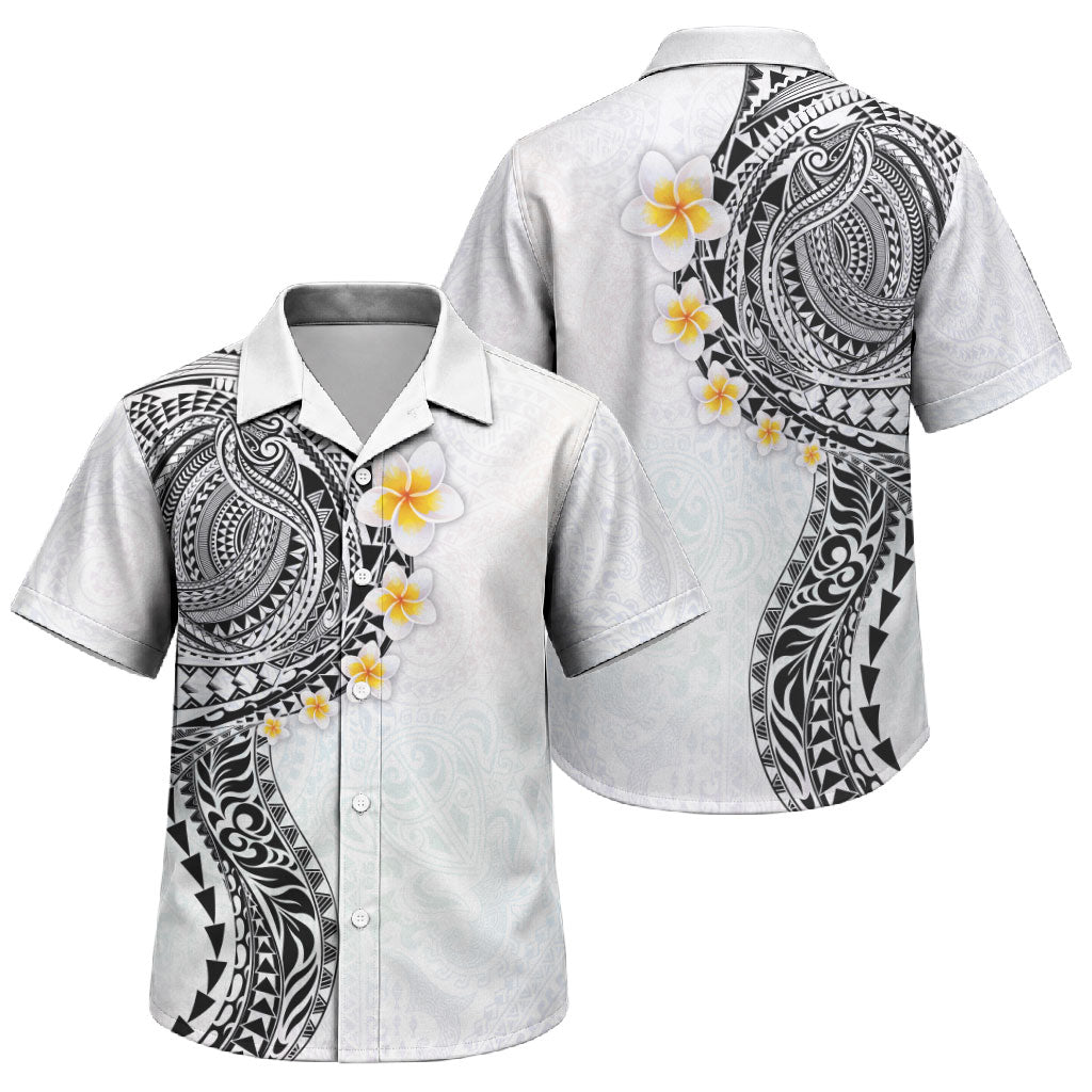Hawaiian Tribal Tattoo and Plumeria Family Matching Off The Shoulder Long Sleeve Dress and Hawaiian Shirt Polynesian Pattern White Color