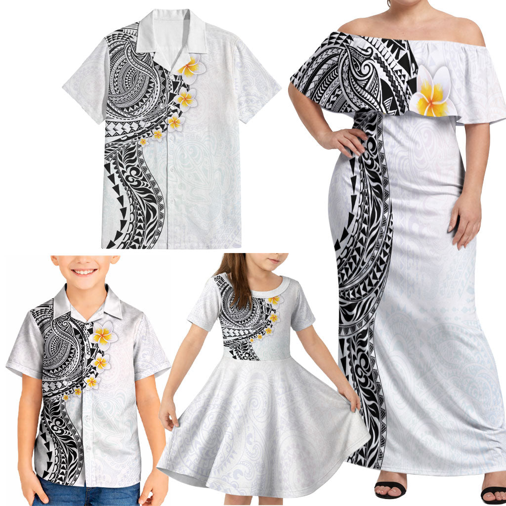 Hawaiian Tribal Tattoo and Plumeria Family Matching Off Shoulder Maxi Dress and Hawaiian Shirt Polynesian Pattern White Color