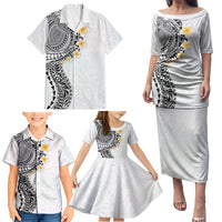 Hawaiian Tribal Tattoo and Plumeria Family Matching Puletasi and Hawaiian Shirt Polynesian Pattern White Color